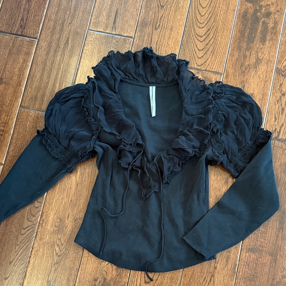 Anthropologie Black Ruffled Puff-Sleeve Blouse